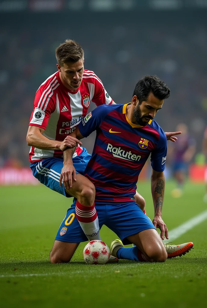 Football club player, barcelona, on his knees and a player from Athletic Club de Bilbao on top of him