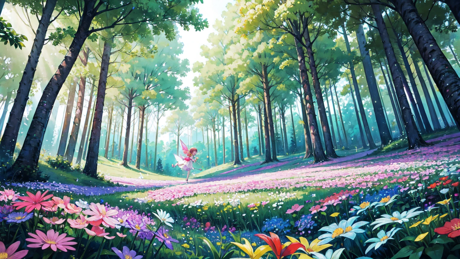 The backdrop is a peaceful, colorful setting in a vibrant forest, uninhabited and full of flowers. Glowing little fairies are flying around. Background only.