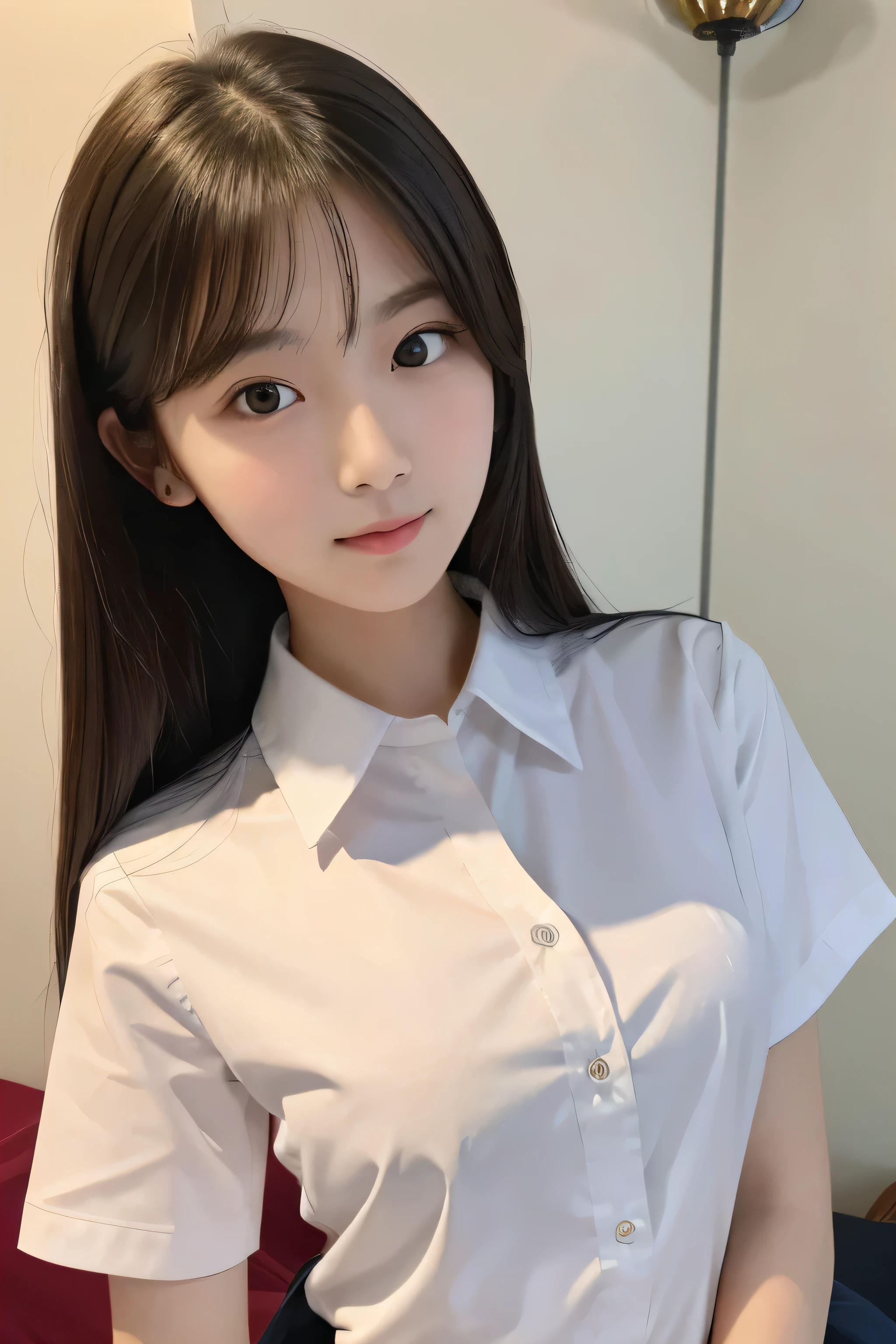 ((Highest quality)), ((Photo quality)), (detailed), Perfect Face,14 Most,Young face,OL,uniform,bed,Small breasts,Thin arms,Skinny,White blouse