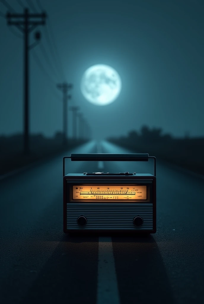 Making a picture of a black and white 80's radio under the moonlight in the middle of the road