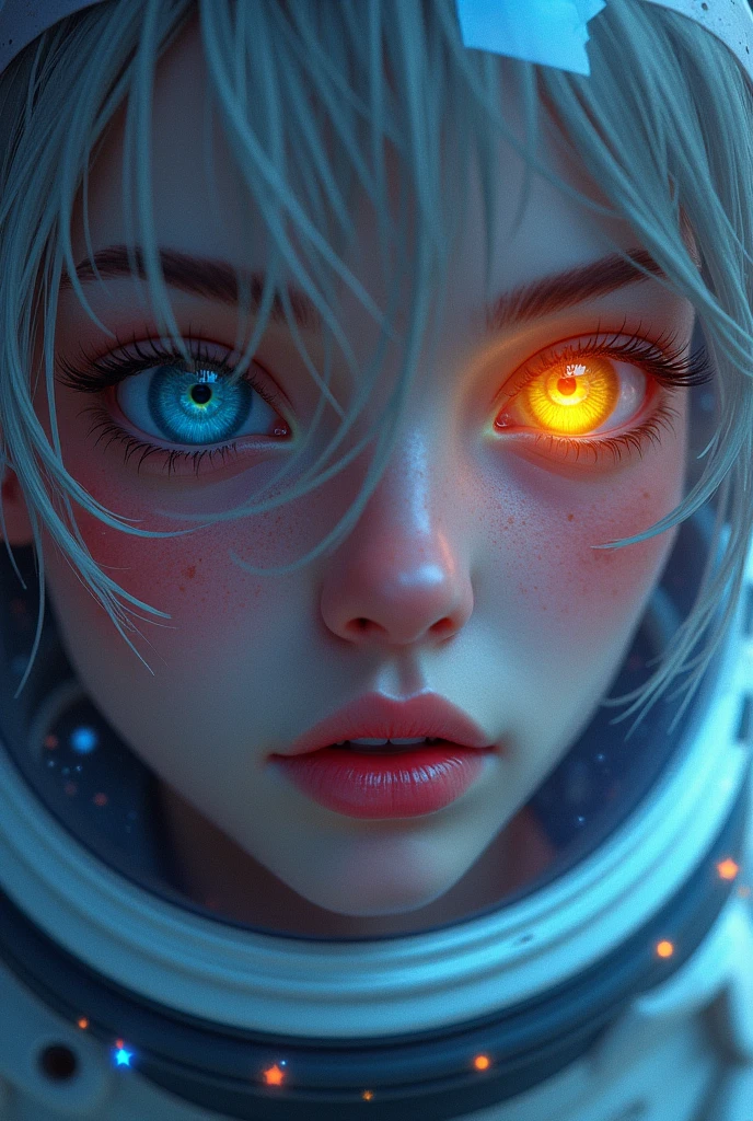 (Close-up of a better masterpiece:1.5)0.9], (Space and astronauts:1.2) (Messy silver hair:1.1) (Heterochromia xanthochromia and blue eyes:1.2) (Space Helmet:1.0) (Colored stars in the eyes:1.0) (A radiant glow:1.1) (thick lips:0.9) 