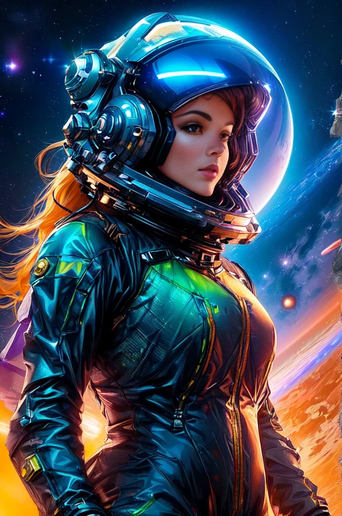a woman in a space suit standing in front of a planet, girl in space, beautiful woman in spacesuit, portrait armored astronaut girl, scifi woman, futuristic astronaut, woman astronaut, portrait anime space cadet girl, artgerm jsc, art deco of a space woman, beautiful digital artwork, powerful woman sitting in space, portrait beautiful sci - fi girl