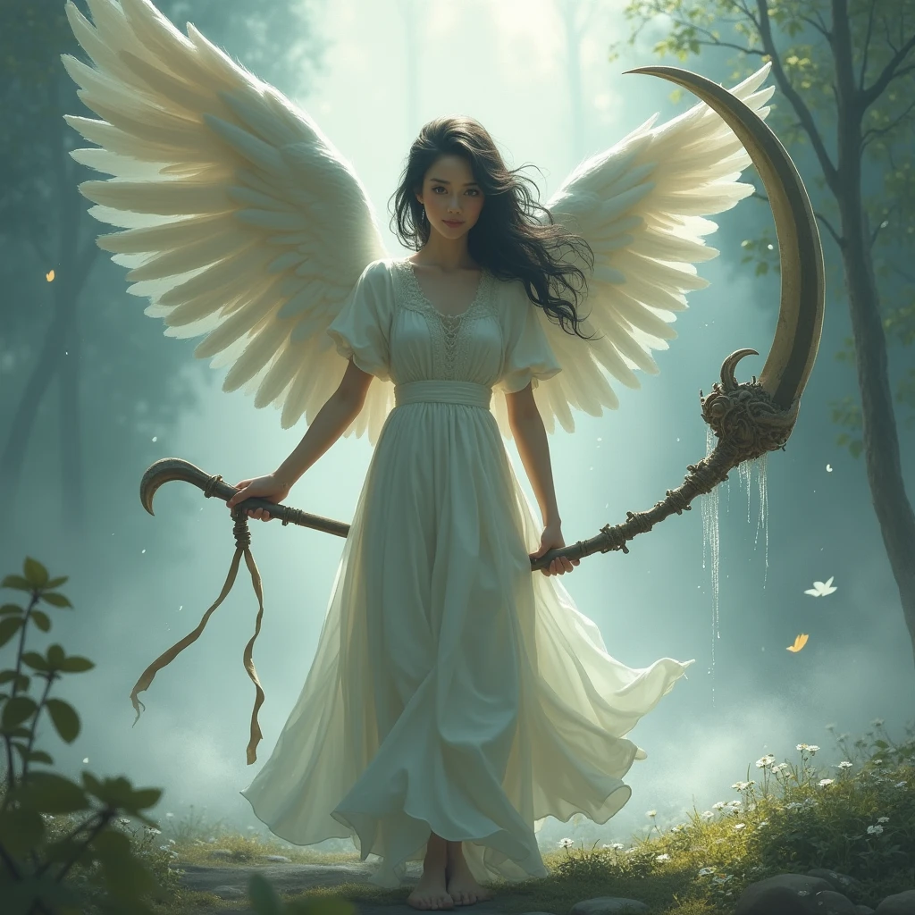 masterpiece, Highest quality, (1 beautiful girl :1.2), Fantasy art, 24-years-old, Medium chest, Standard weight, close your eyes, dissatisfaction:1.3, Angel with a scythe, Angel Wings, Fluttering in the wind、Fountain shrouded in mist、