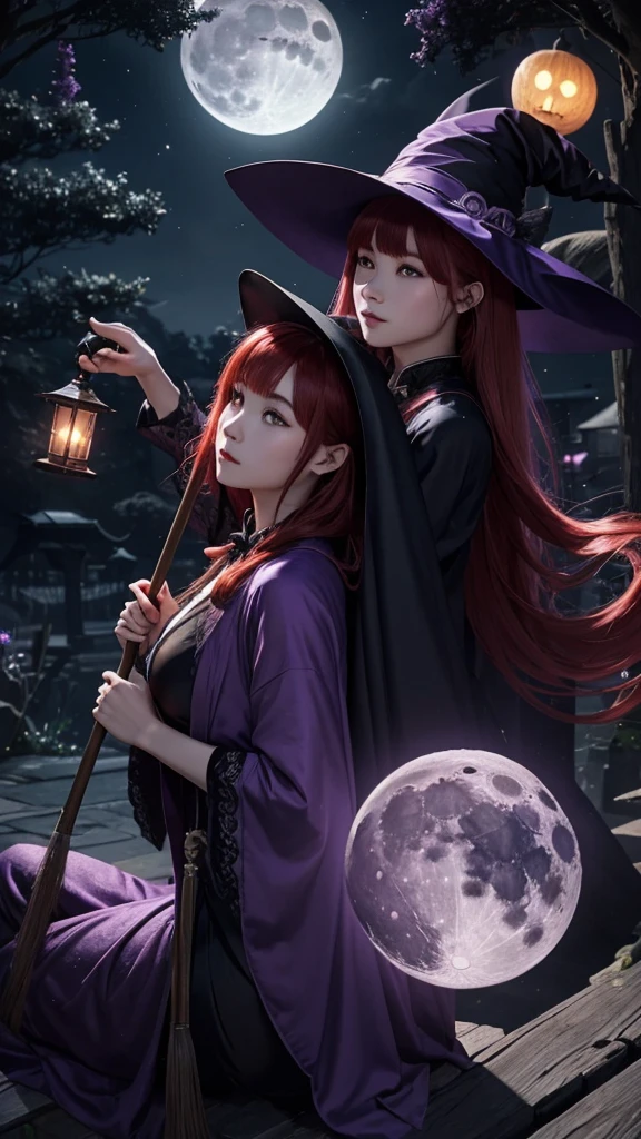 Moonlit Night、Flying Over、Straddling a broom、mystery、Purple Robe、Three-cornered hat、Black cat、Twilight、Jack Lantern、Red hair、ambition、strong、witch、Slip empty、high resolution、magic circle