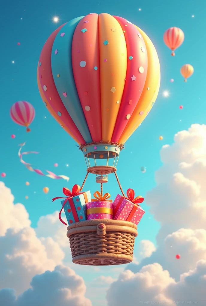 Hot air balloon with animated birthday presents inside
