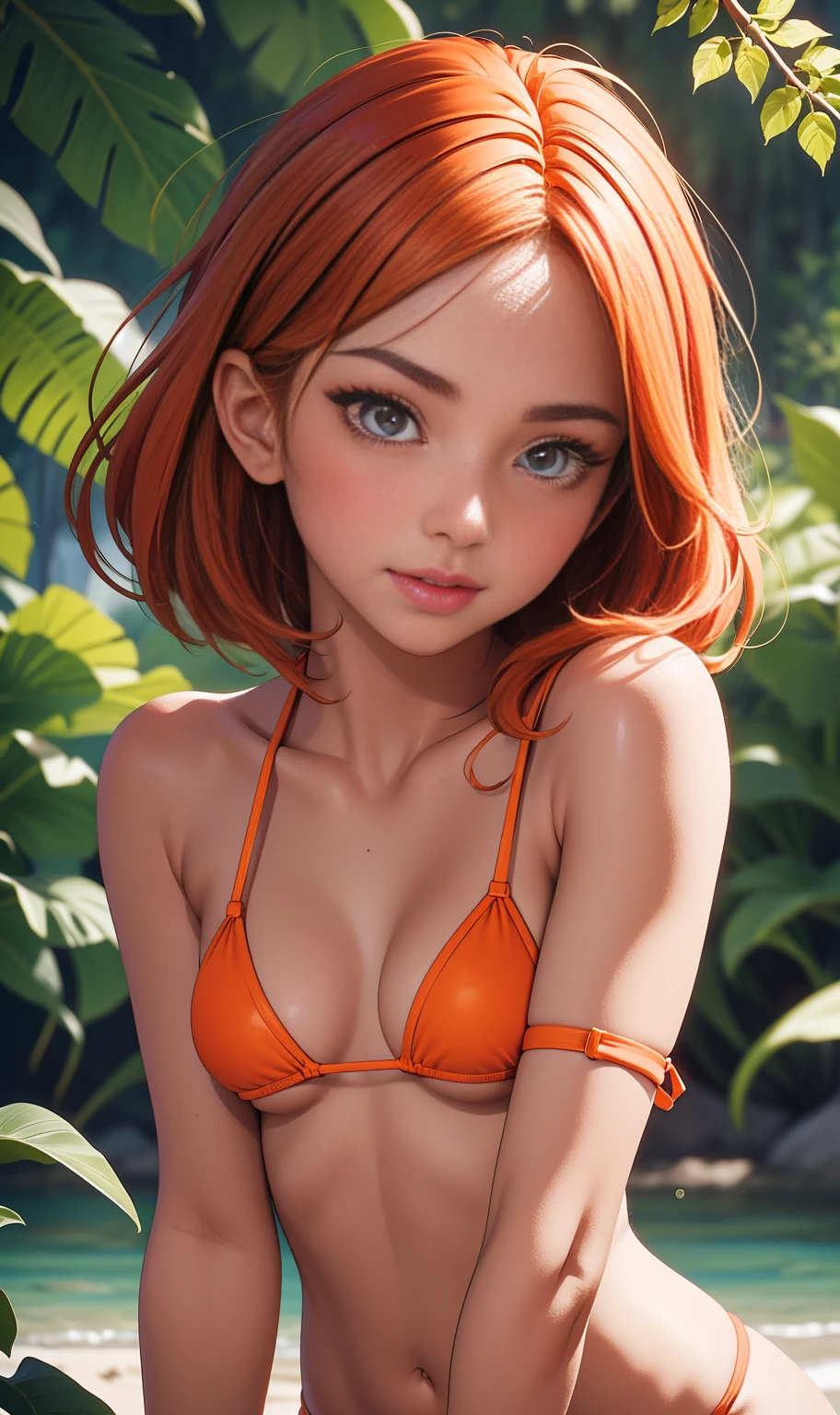 (NSFW), Delicious woman, enjoying the warmth of a sunny day in the park, graciosamente string bikini, STAND UP, standing, ORANGE STRAP BIKINI, ultra vibrant orange that beautifully highlights your curves and your born physique. The image is rendered in an ultra-high resolution of 8k, with a surprising level of detail (Close up:1.1) focusing on her charming face. Os olhos dela, a captivating blend of nature's art, are highlighted with an incredible level of detail, showing its depth and fascination. A Close up-up reveals her perfectly contoured cheekbones, fleshy lips, and a radiant glow that illuminates the entire image.VIBRANT ORANGE BIKINI, string bikini, STAND UP, standing, ORANGE STRAP BIKINI,