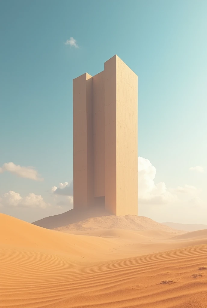 desert　Sunny, cloudless day　A huge rectangular tower in the background