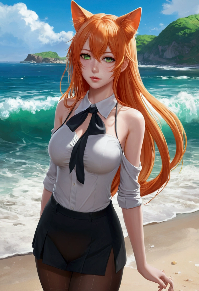 anime girl with long orange hair standing on beach near ocean, green eyes detailed digital anime art, cat ears, , anime girl with long hair, smooth anime cg art, anime girl with long hair, average breast size, digital anime art, artwork in the style of guweiz, beautiful anime portrait, photorealistic anime girl render, beautiful anime girl, advanced digital anime art, pantyhose, guweiz on artstation pixiv upscale HD UHD HQ
