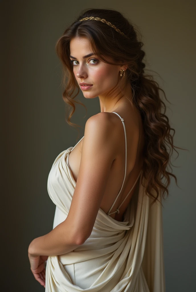 A NSFW neoclassical painting of the Greek Goddess Athena, a beautiful divine greek warrior and sensual woman with brown hair and fierce gray eyes. She is showing her beautiful ass and looking back. View from behind her.
