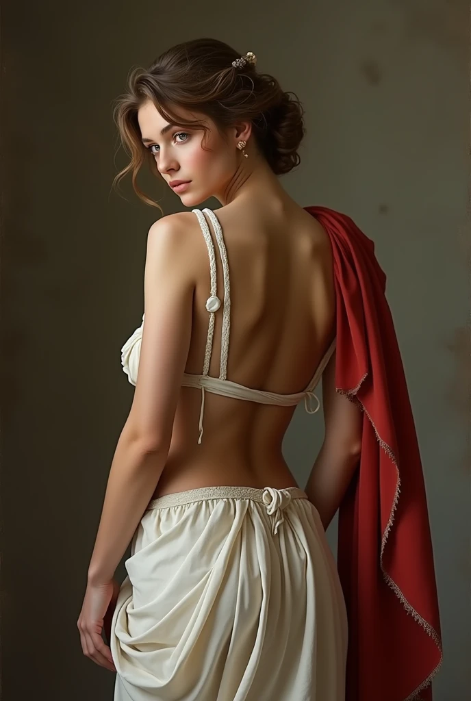A NSFW neoclassical painting of the Greek Goddess Athena, a beautiful divine greek warrior and sensual woman with brown hair and fierce gray eyes. She is showing her beautiful ass and looking back. View from behind her.