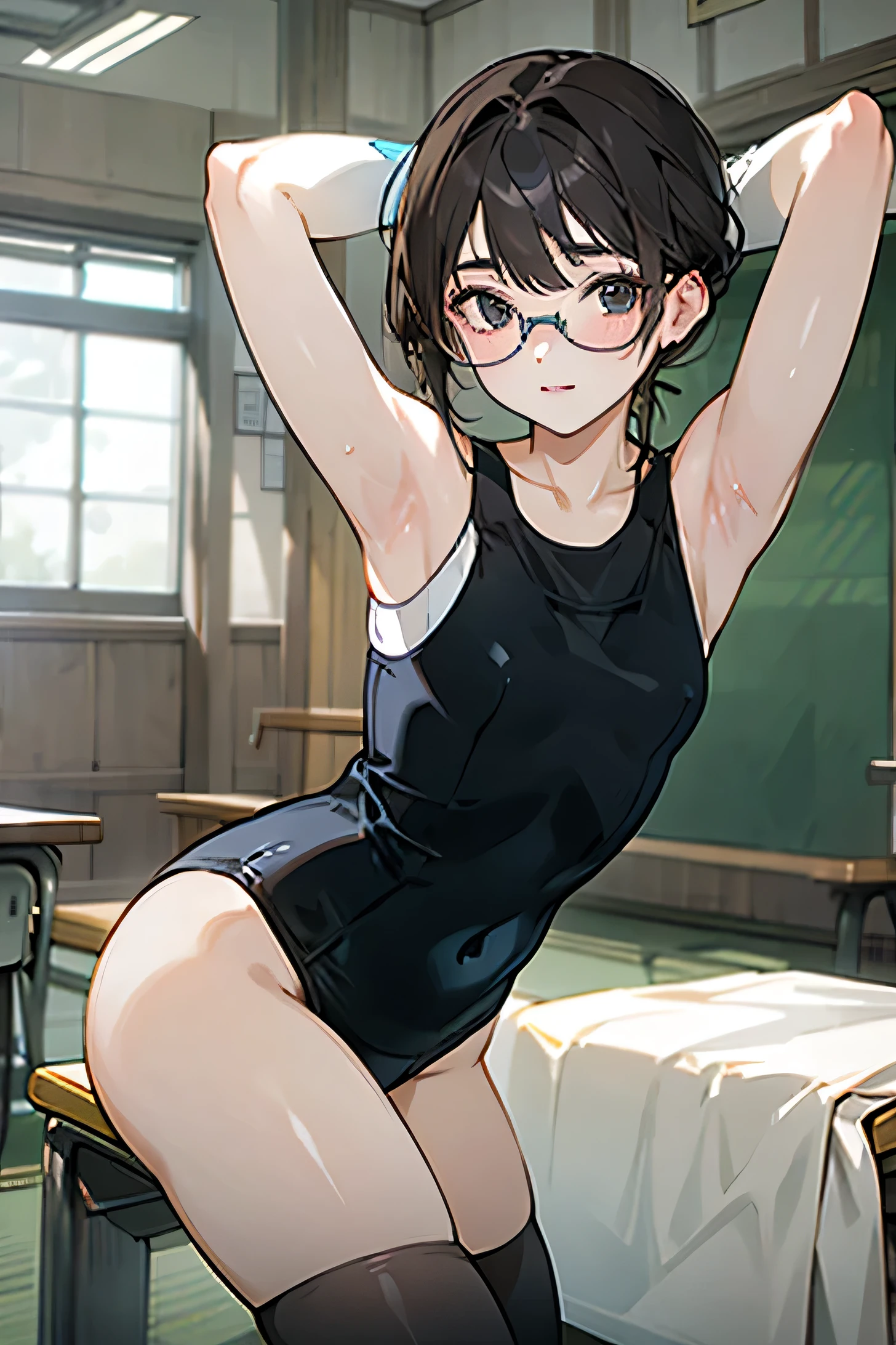 Glasses,,Black thigh-high socks,Japanese,School Swimsuit,sexy,Underarm,