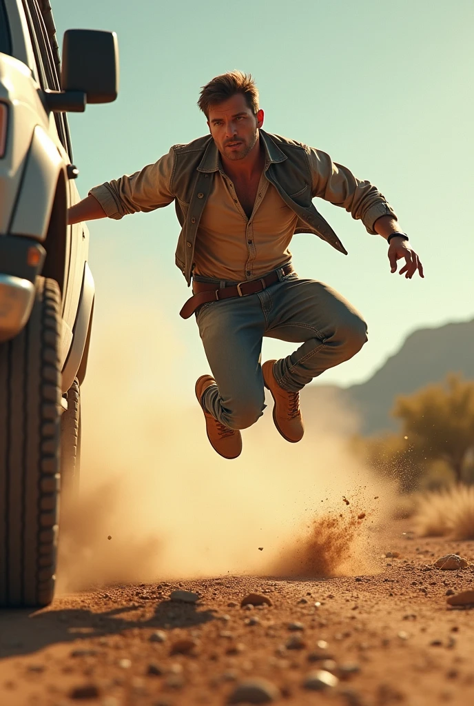 Man jumping from a running vehicle and fallin off