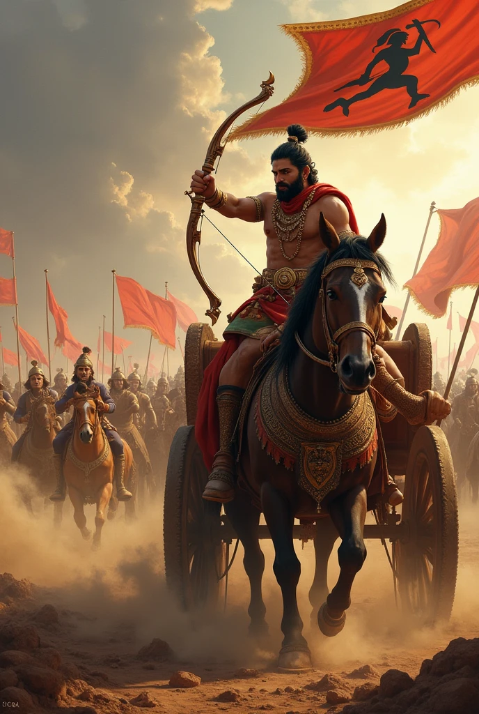Visualize a dramatic battlefield scene where Arjuna, adorned with a prominent Hanuman banner on his chariot, is preparing for battle. Show Arjuna with a determined expression, drawing his bowstring with great focus and strength. His chariot, richly decorated with intricate designs and adorned with traditional armor and weaponry, should be in the midst of the battlefield. Krishna, his charioteer, should be depicted sitting beside him, attentive and ready, as Arjuna begins to speak. In the background, the Kaurava army is arranged in a dense, formidable formation. Capture the scene with detailed elements such as dust clouds rising from the battlefield, banners fluttering, and soldiers preparing for the impending conflict. Highlight the contrast between the calm, contemplative moment of Arjuna and the tense, organized mass of the Kaurava forces, setting the stage for the ensuing dialogue."