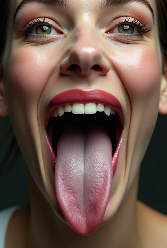 Actress Anne Hathaway opens her mouth wide showing you her uvula and super thick white realistic Tongue