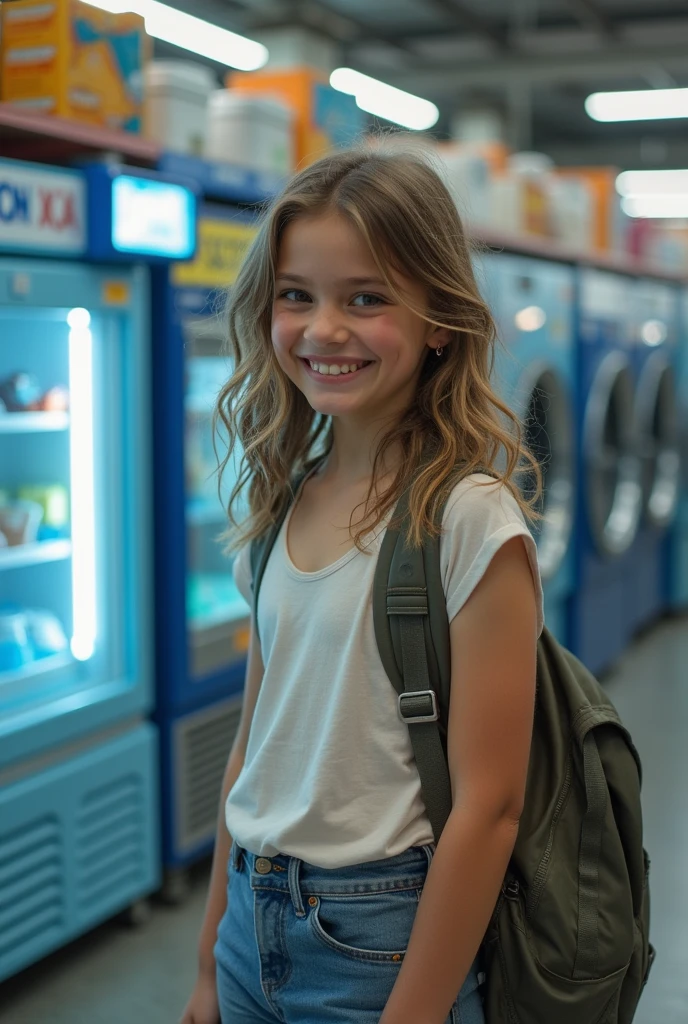 A girl in a electronic shop reception with freeze washing machine and mixtures in background