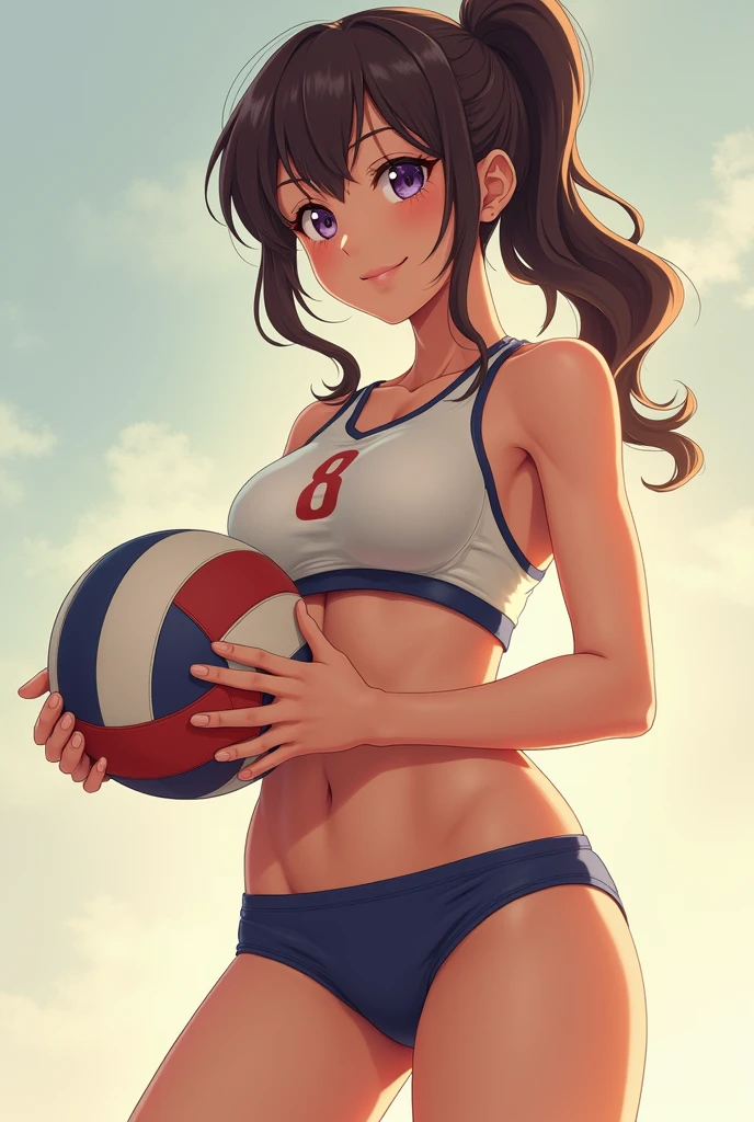 Anime volleyball player naked holds a dick in her hands