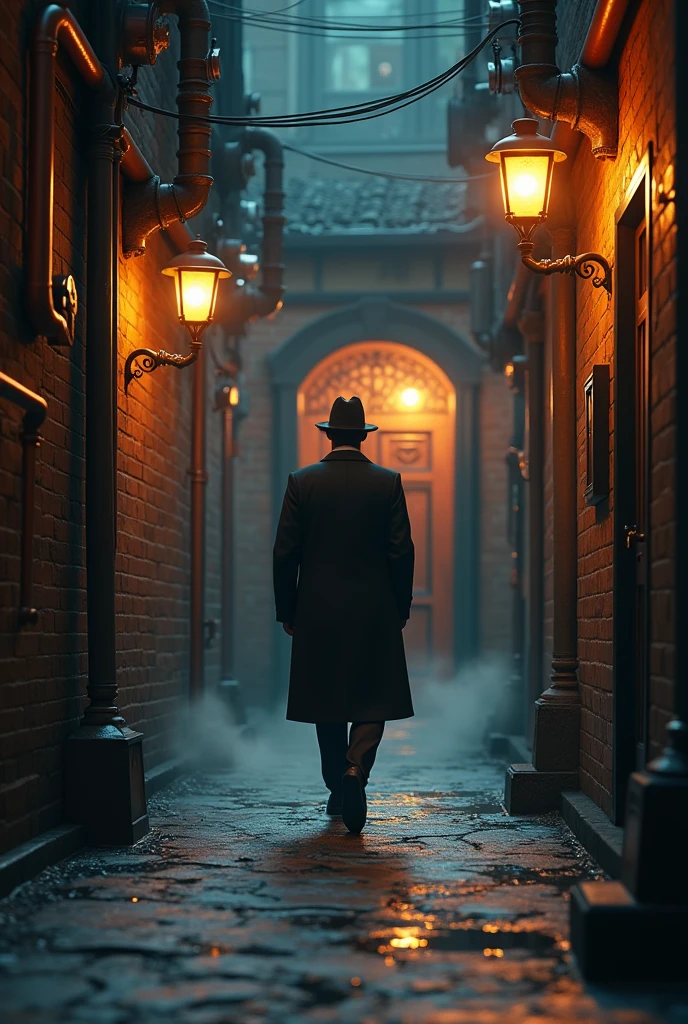 Créez une vidéo représentant un homme élégant en costume sombre, marchant dans une ruelle étroite et sombre de style steampunk. La ruelle est bordée de bâtiments en briques avec des tuyaux de cuivre, des engrenages visibles, et des lampadaires à vapeur diffusant une lumière chaude. L'homme marche avec assurance, son chapeau légèrement incliné, et se dirige vers une porte en bois massive à l'ancienne, qu'il ouvre pour rentrer chez lui. L'atmosphère est mystérieuse et légèrement brumeuse, avec un léger brouillard qui se déplace lentement autour des pieds de l'homme. En dessin anime avec un mélange de 2D et 3D avec une esthétique painterly (picturale) et illustrative