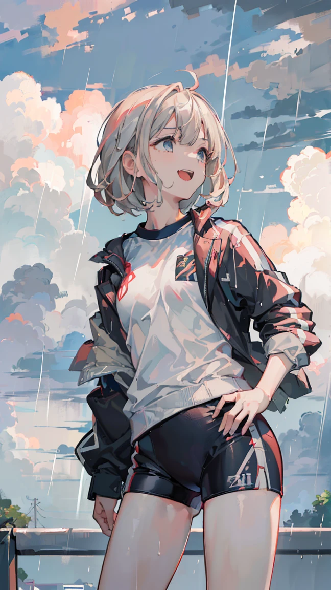 masterpiece, Highest quality, High resolution, Very detailed,(((Asahi Serizawa))), (((Wearing gym clothes。))), (((laughing。)))、(((Standing in the distance))), (((Facing forward。))), (((thunderstorm))), (((Cloudy))), (((Rain Clouds))), (((Schoolyard in the background)))