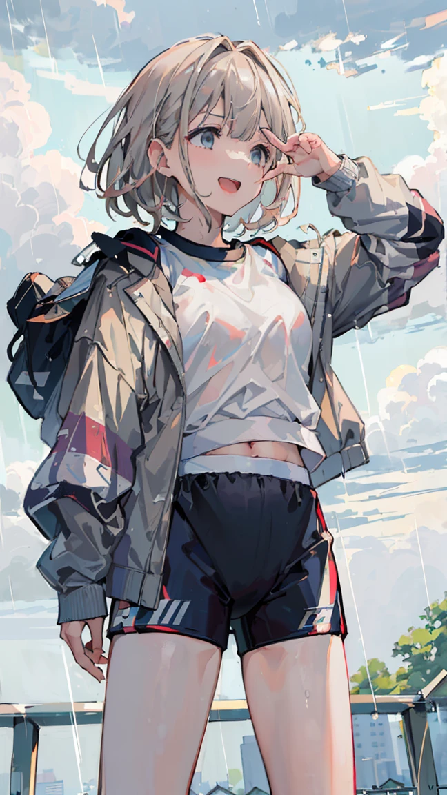 masterpiece, Highest quality, High resolution, Very detailed,(((Asahi Serizawa))), (((Wearing gym clothes。))), (((laughing。)))、(((Standing in the distance))), (((Facing forward。))), (((thunderstorm))), (((Cloudy))), (((Rain Clouds))), (((Schoolyard in the background)))