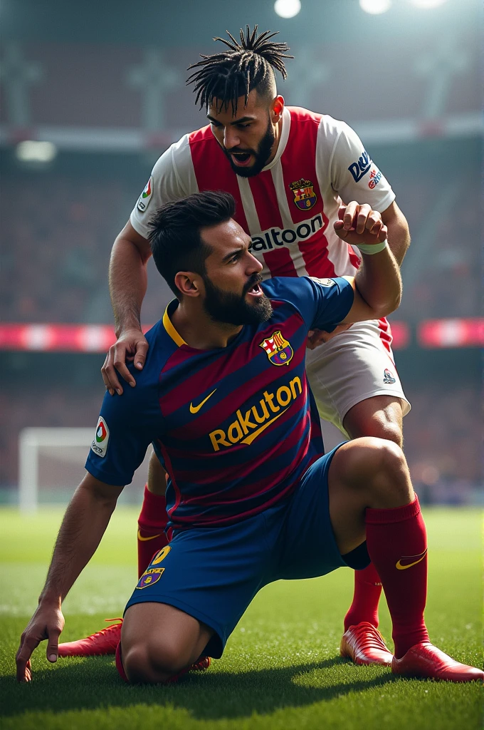 Football club player, barcelona, on his knees and a black Athletic Club Bilbao player with braids on top of him