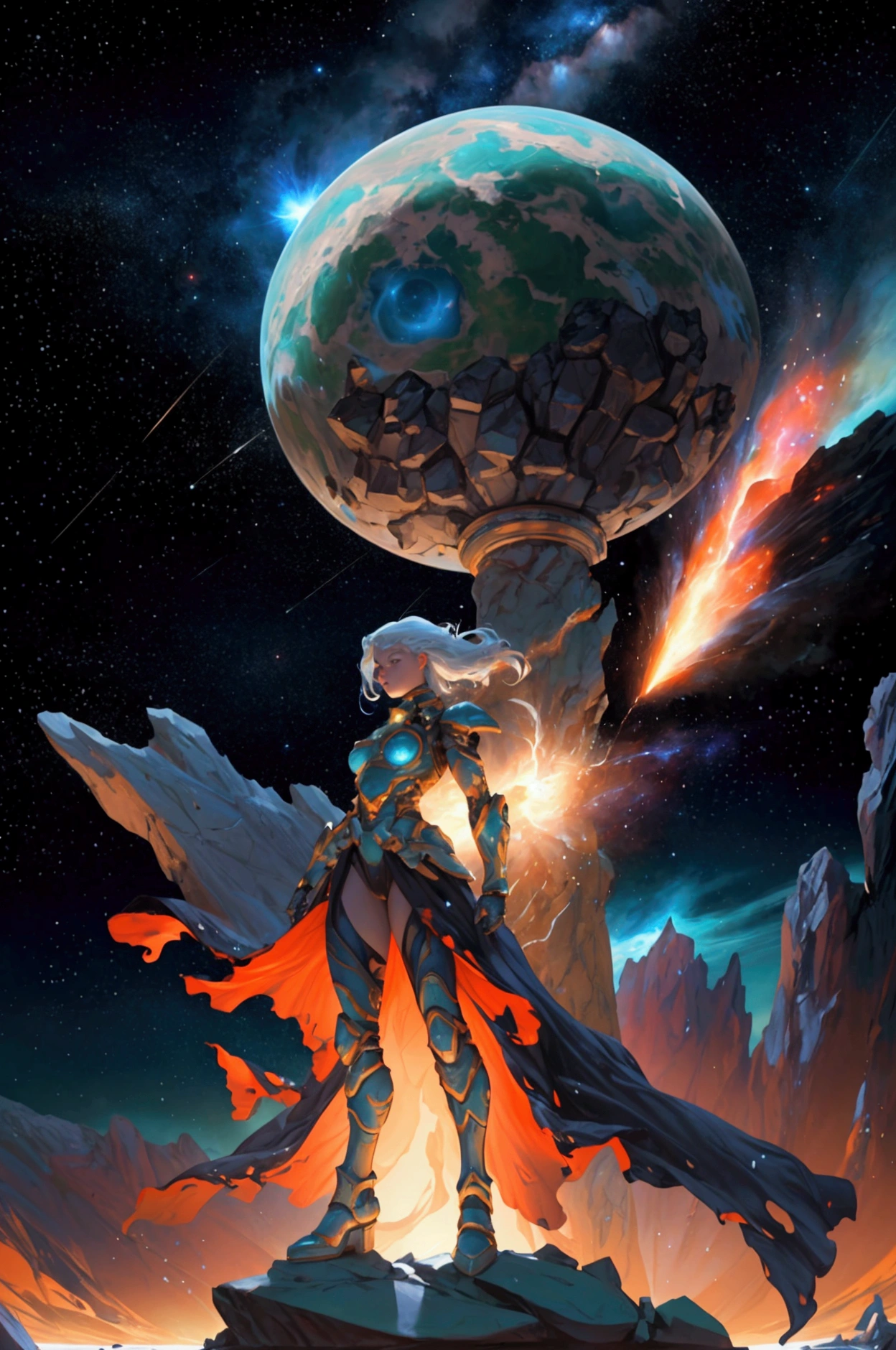 A beautiful, powerful girl with a cosmic warrior appearance stands towering over a vast alien landscape, her muscular form radiating strength and energy. She is dressed in a rugged, armored outfit with stone-like textures, exuding a sense of raw power and invincibility. The scene captures her mid-transformation, with pieces of rock and debris floating around her as she emerges from the ground. The background features a breathtaking cosmic vista, with a glowing Earth-like planet, swirling galaxies, and vibrant nebulae lighting up the starry sky. A lone figure stands in awe below, casting a long shadow across the rocky terrain. The entire scene is filled with epic, dramatic energy, maintaining the original cosmic and grandiose theme