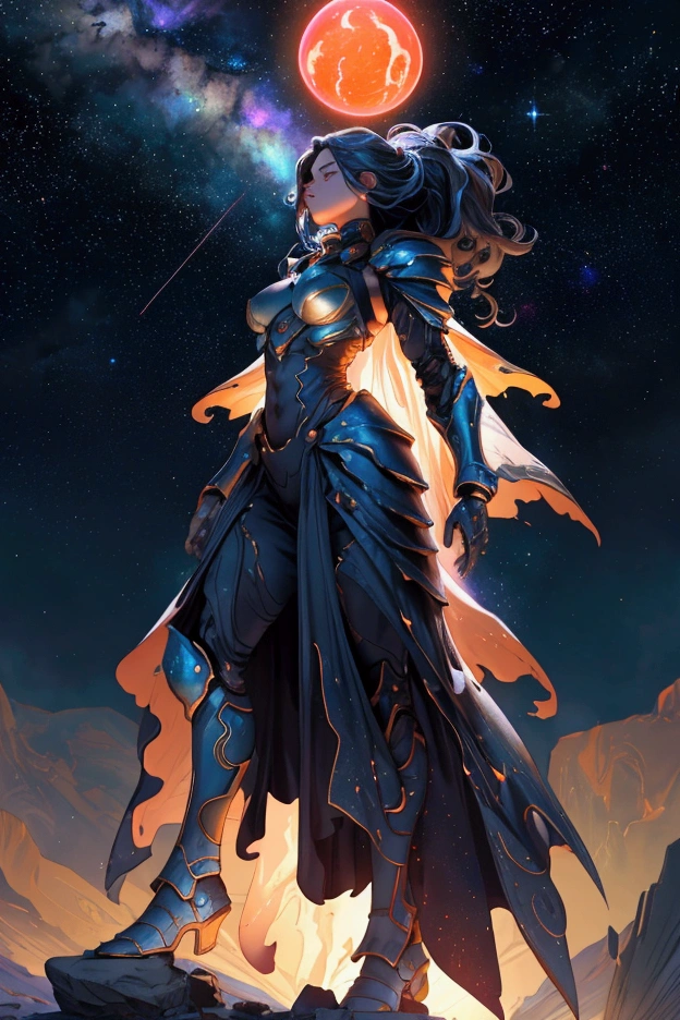 A beautiful, powerful girl with a cosmic warrior appearance stands towering over a vast alien landscape, her muscular form radiating strength and energy. She is dressed in a rugged, armored outfit with stone-like textures, exuding a sense of raw power and invincibility. The scene captures her mid-transformation, with pieces of rock and debris floating around her as she emerges from the ground. The background features a breathtaking cosmic vista, with a glowing Earth-like planet, swirling galaxies, and vibrant nebulae lighting up the starry sky. A lone figure stands in awe below, casting a long shadow across the rocky terrain. The entire scene is filled with epic, dramatic energy, maintaining the original cosmic and grandiose theme