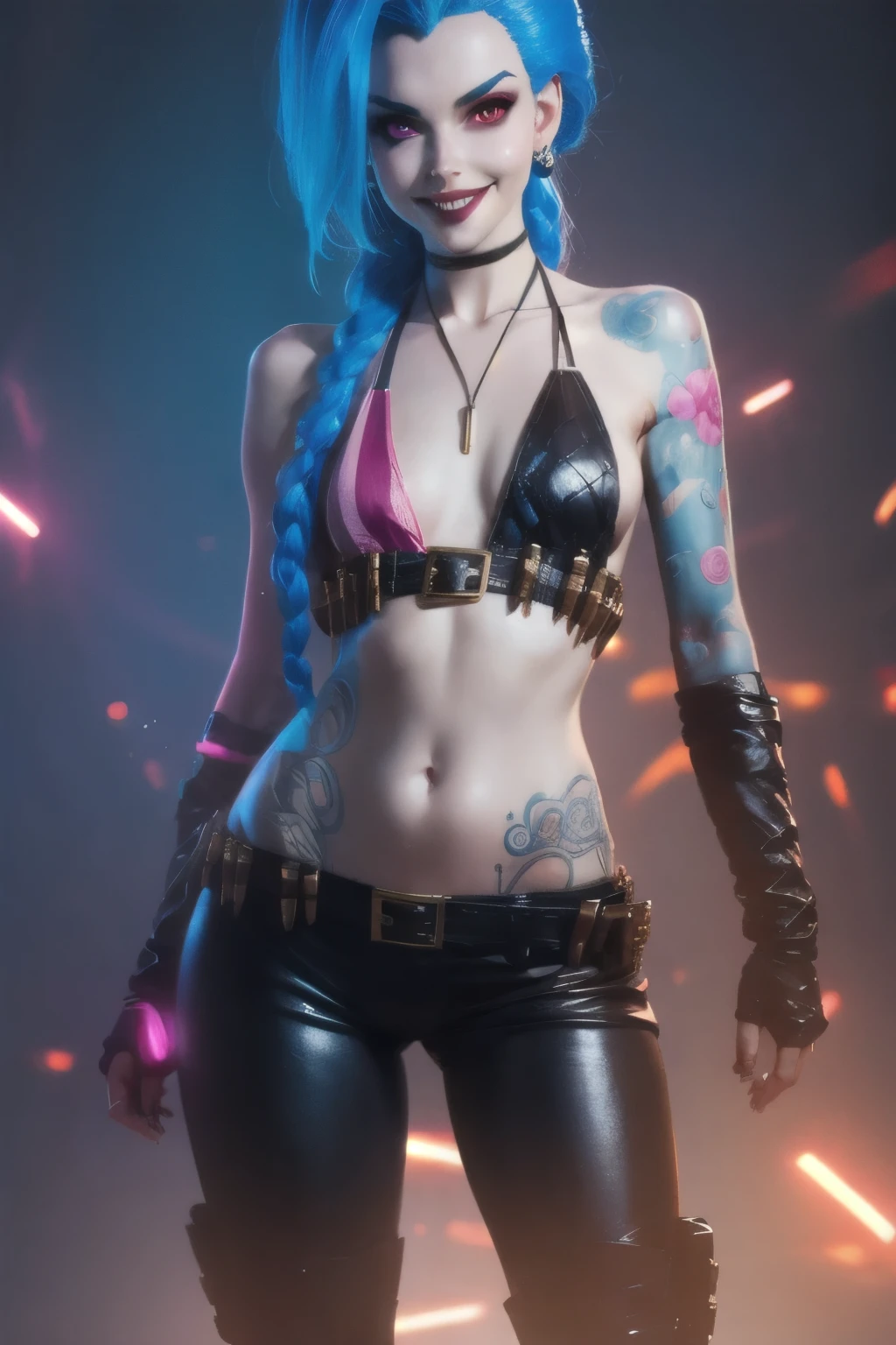 Hyper realistic super detailed Jinx cosplay , (( girl, 15 years odetailed, (hyper realistic: 1.4), in dynamic pose, (((psycho face, creppy smiling ))) , twin braids, long hair, blue hair, ((skinny hot Body)), ( red eyes) , ((tattooed arm)) , arcane style. ((Cinematic explosion background, cinematic lighting)).