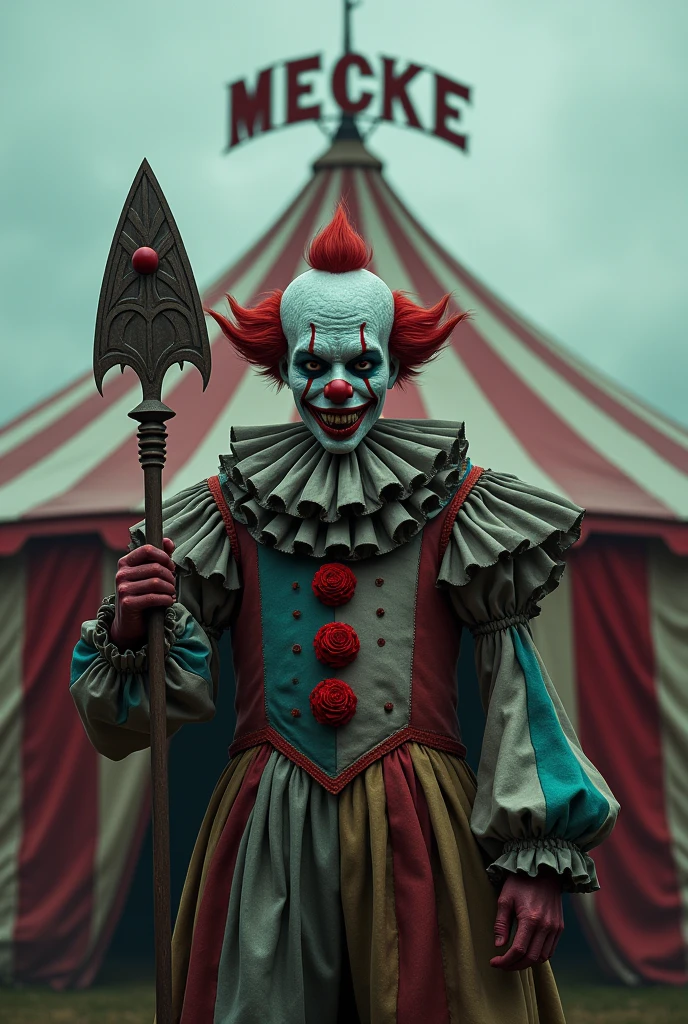 A ghoulish clown with a gaia revenge vandal from valorant in front of a circus tent and the word MECKE at the top of the image