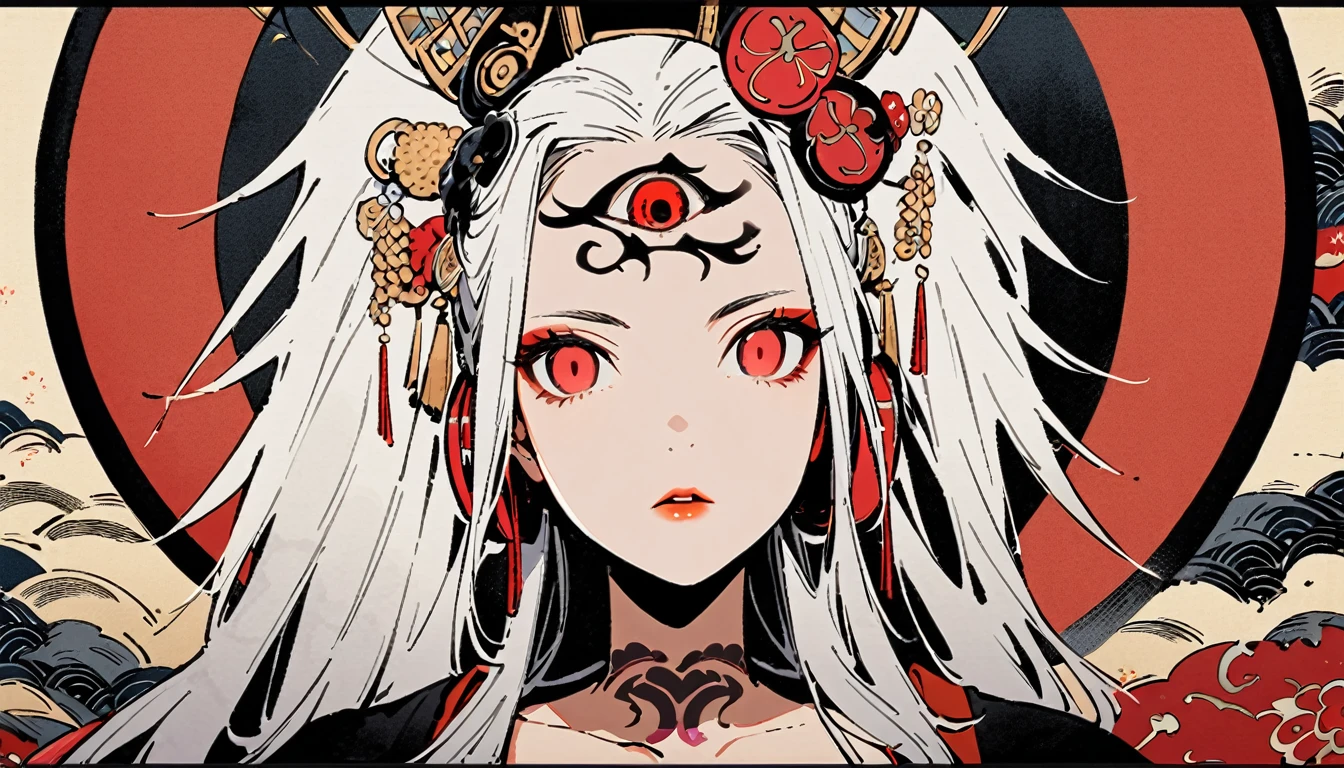 Ink painting, (((1 girl))), (((Tattoo in the middle of the forehead))),(((In the background is the Akatsuki moon))), (((Oiran))), (((Great hair accessories))), Japanese style headphones, Demon possession, ,Third Eye,(((Red eyes with an inscription inside them))),Face up close, Japanese beauty, White hair, Sensitive and precise, Modern Ukiyo-e style