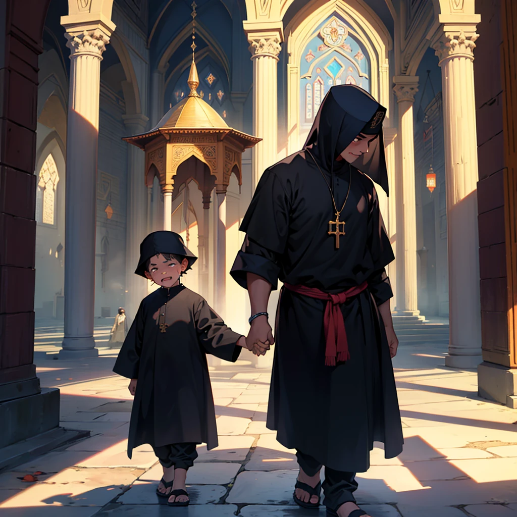 A kid crying, representing non discrimination of religion on the foreground, people of all religion, holding hands and protecting him on the middle ground from dark shadows that represents criminals, all religious institutes like mosques , temples, churches burning on the background and the shadow criminals ar laughing