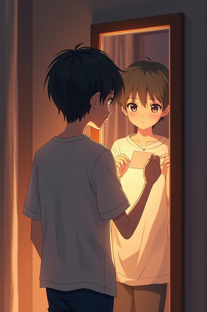 Anime boy backturned putting a note in a mirror