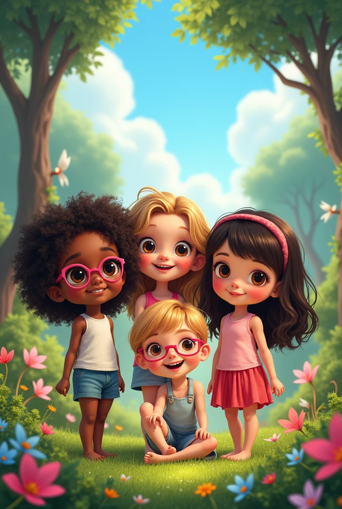 Create an image , a 7 year old child with dark skin and black curly hair with loose curls down to her shoulders, black eyes wearing pink glasses, thin and small , second child 7 years old long brown wavy hair brown eyes white skin color, Third Child,.skin color white thin straight brown hair hair length mid back brown eyes with small light brown spots on face, fourth child blond hair medium cut with bangs and wearing red glasses brown eyes and white skin color, fifth child ,white skin color black curly hair haircut with bangs and long loose curls black eyes. In the setting of a magical garden . Wearing summer clothes all of them