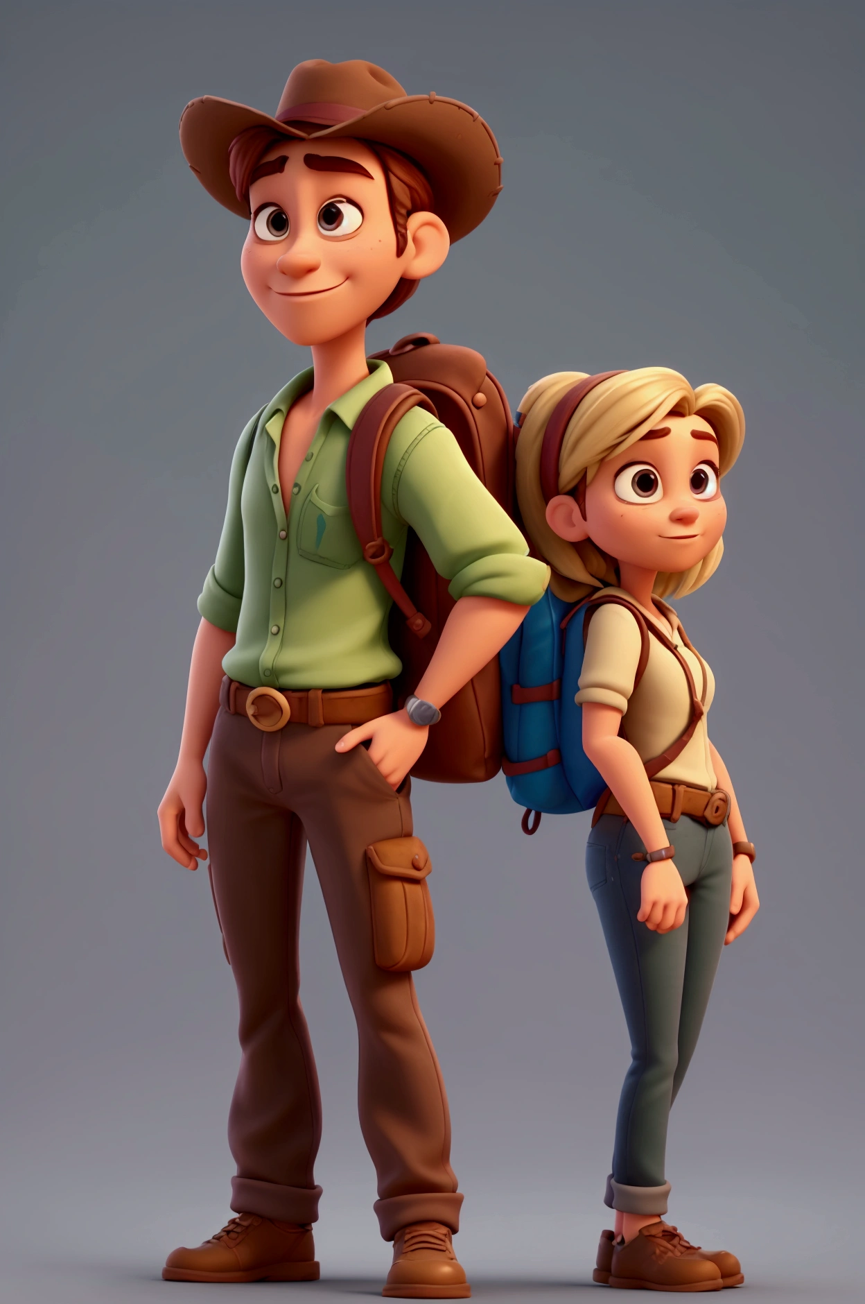 Pixar style character of a couple., the man with hat, young, beard and dark hair, light green eyes, and a shirt, carregando equipamentos de aventura with backpack on back, Indiana Jones style, the tomb raider style woman, you have light brown skin, Blonde hair brown eyes, with backpack on back, with nature background, animation character, stylized character, animation style rendering, 3D stylized, Arnold Maya rendering, Render 3D stylized, Toon render keyshot, 3D character, 3D character, Stylized 3D rendering, 3d character rendering, cartoon character, Close-up character, Character pose, (pixar style) (master part:1.2) (bokeh) (Best Quality) (detailed skin) (detailed texture) (8k) (clay) (cinematic lighting)