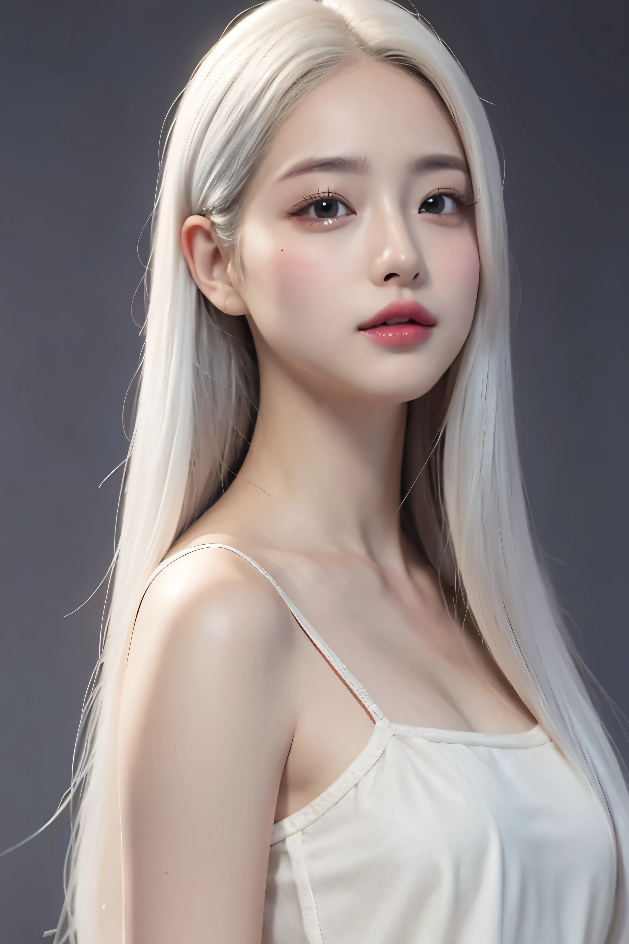 realistic, high resolution, 1 woman, glowing skin, alone, wide lips,long hair,straight hair,sagging breasts,small face,gray hair,Color contacts,Trendy fashion,Whole Body Coordination Week,realistic skin texture,really,K-pop idol