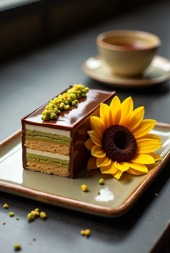 Plate containing a dessert, rectangular pavé on one side of the dish with six layers of white dough, interspersed with two layers of dulce de leche cream and two layers of pistachio cream, covered with a mirrored chocolate coating and with chopped pistachios on the other side a chocolate sunflower with yellow petals