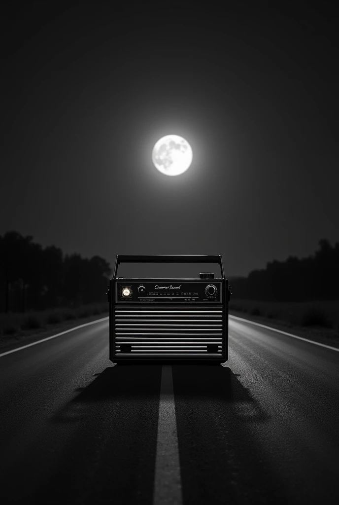 Make a slightly larger than normal 80's black and white radio image under the moonlight in the middle of the road