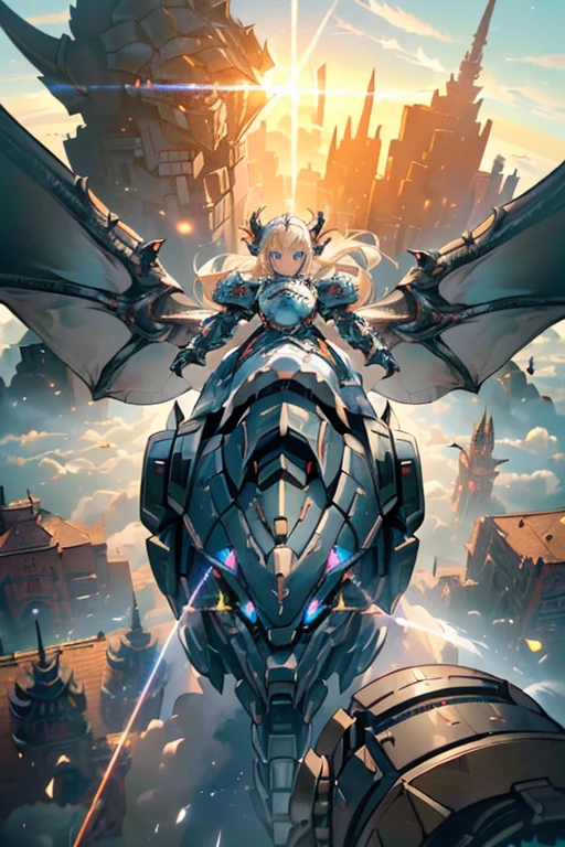 (masterpiece:1.5), ultra quality, 8K, high resolution, super fine illustration, Precision in the details, (insanely detailed), magnificent panorama view,
(science-fiction), depth of field,
(from diagonal above:1.4), (cowboy shot), horizon,
perfect anatomy,
(1girl:1.5), solo, delicate beauty girl, (17years_old girl), (elf girl),
platinum blonde hair, (extreme long hair), bang, french_braid, (floating hair:1.4), hair browning in wind,
(fine detailed eyes), (blue eyes), pointed_ears, (dress_armor:1.5), (sci-fi mechanical armor:1.4), (holding laser spire:1.5), (dragon knight), (gigantic dragonic_robot:1.8), (sci-fi wyvern), (riding mechanical dragon:1.6), (flying mechanical wyvern_dragon:1.8), (flying:1.6), (cinematic lighting:1.2), (cinematic shadow:1.2), (realistic:1.2),
