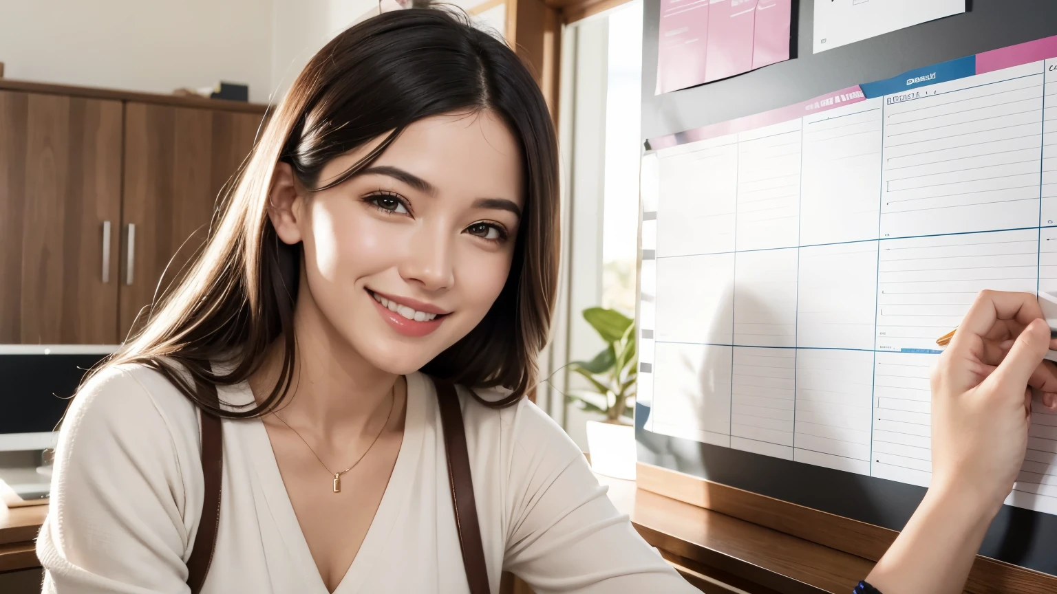 create a realistic image of a beautiful woman, perfect lighting. She is smiling and marking off the tasks that have been completed on a bulletin board in her home.