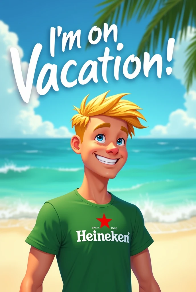 Create an image of a young white man with blond hair wearing a Heineken shirt on the beach with the phrase saying: I'm on vacation !! Disney style
