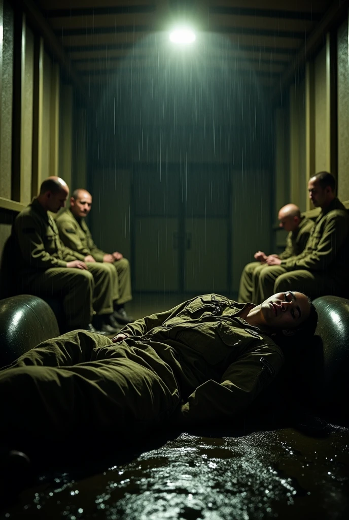 Soldier lying on the floor of the back of a military truck, he sleeps peacefully because the war is over. There are 4 more soldiers who are sitting with their heads down on the side of the rear, because they are tired. The room is lit by a yellowish light flashlight., It's night and it's raining.
