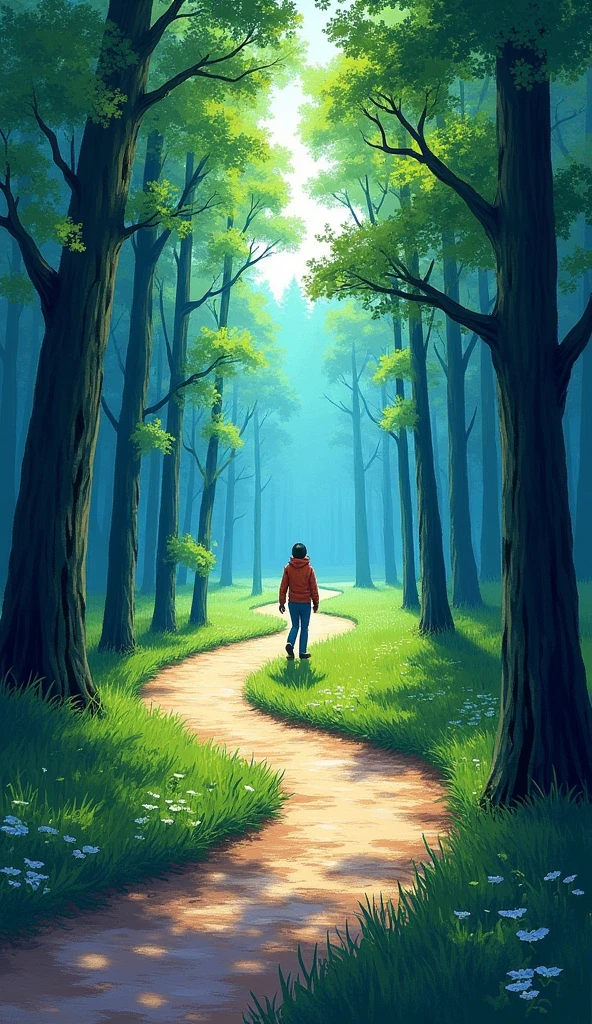 Energetic, Impressionist depiction of a winding path in the forest. Layout is horizontal, The path curves from the bottom center to the upper right. The subject is a figure walking along the path, There are tall trees around. The color of leaves reflected from the ground, Suggesting a shimmering wet surface, Maybe after the rain. The sky is a gradient of blue, Add depth to a scene. This painting uses thick, Textured strokes, Gives a three-dimensional feeling. The overall atmosphere is peaceful and contemplative.