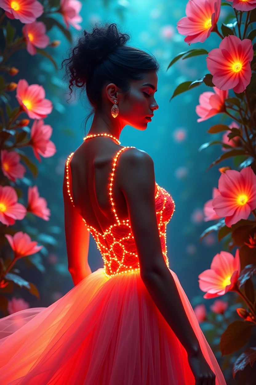Imagine the powerful and graceful woman in an art nouveau setting, where vibrant neon flowers grow around her. The woman's dress must have bright tones and neon details, highlighting her imposing figure. Flowers should create a natural frame, adding a touch of delicacy to the scene. The image should be visually striking and full of life.