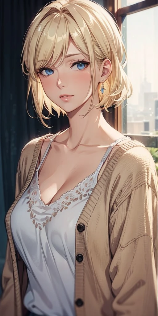 portrait, elegant adult woman, blue eyes, blonde hair, big breast, 4k resolution, beautiful cg, soft light