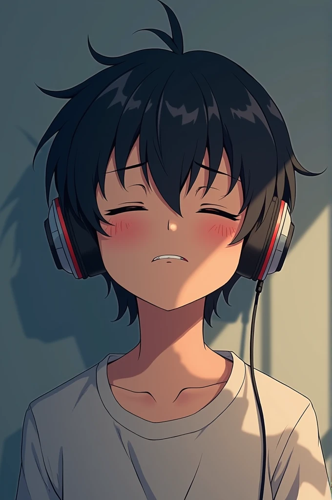 A anime boy wear a headphone and he is hearing a satisfaction song by closing his eyes and the boy was very sad
