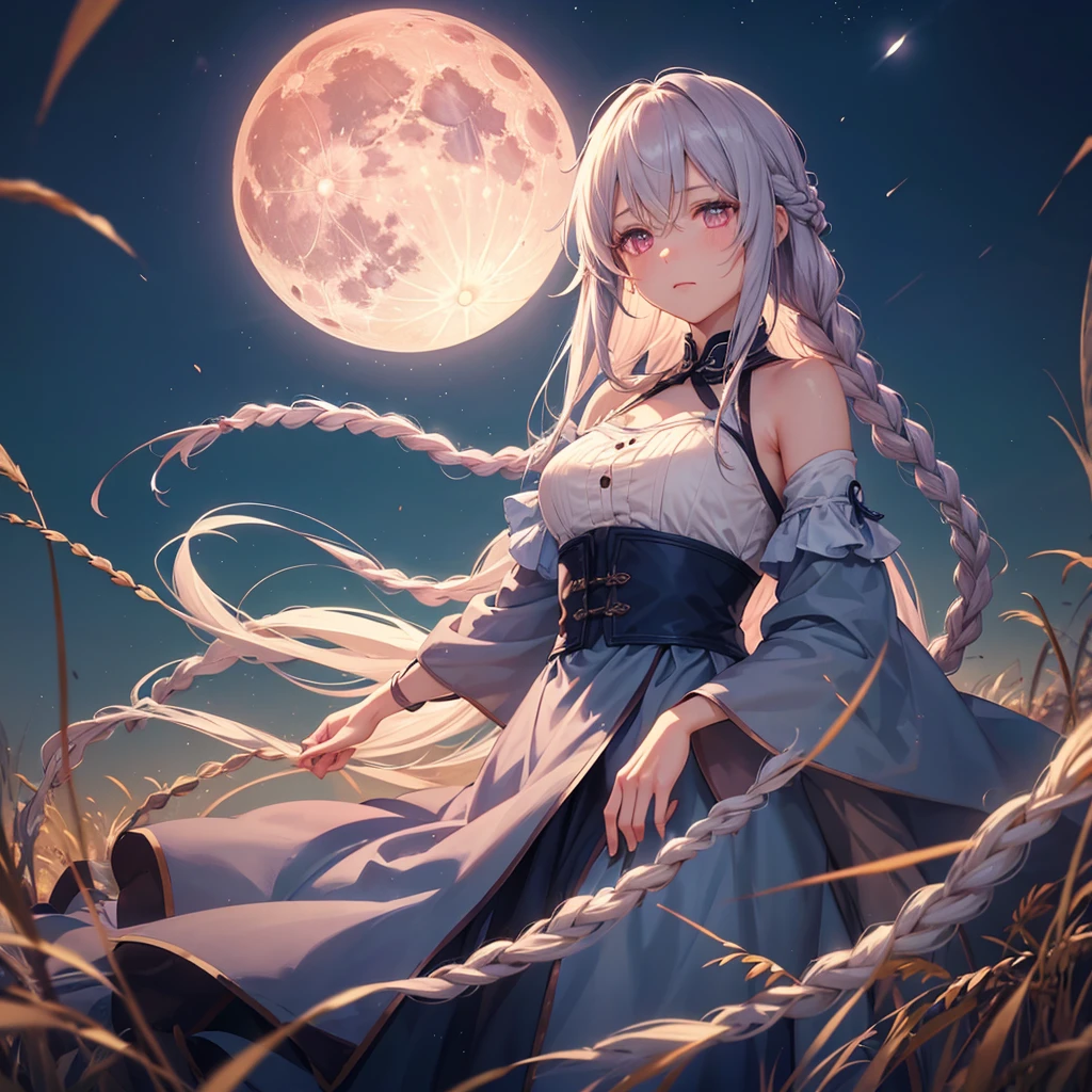 (Sky blue braided medium length hair), (Pink eyes),(Fair skin) ,(whole body),(One Girl),(harvest moon),(Miscanthus sinensis in the background),autumn,(full moon),(masterpiece, Highest quality, Very detailed, Best Shadow), (Detailed Background), (Beautifully detailed face), High Contrast, (Best lighting, Very delicate and beautiful), ((Cinematic Light)), Hyper Detail,8k, Dramatic Light,