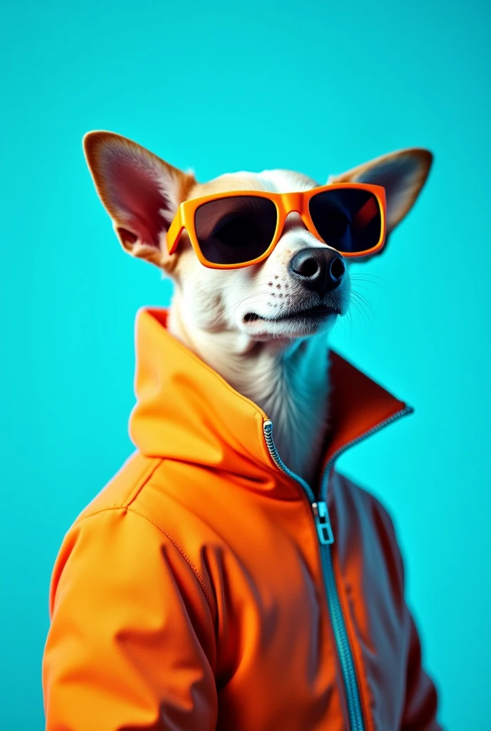 The best cell phone wallpaper, Award-Winning Wallpaper, portrait photography, In the front view is a portrait of a cute dog wearing mid-1960s space age fashion, Side view photo, Shot with Canon EOS R5, Set a strong contrast that accentuates the subject, Fluorescent blue tone, Wearing a very modern coat and sunglasses is a modern 1960s style, Clothes all in one color, beautiful background