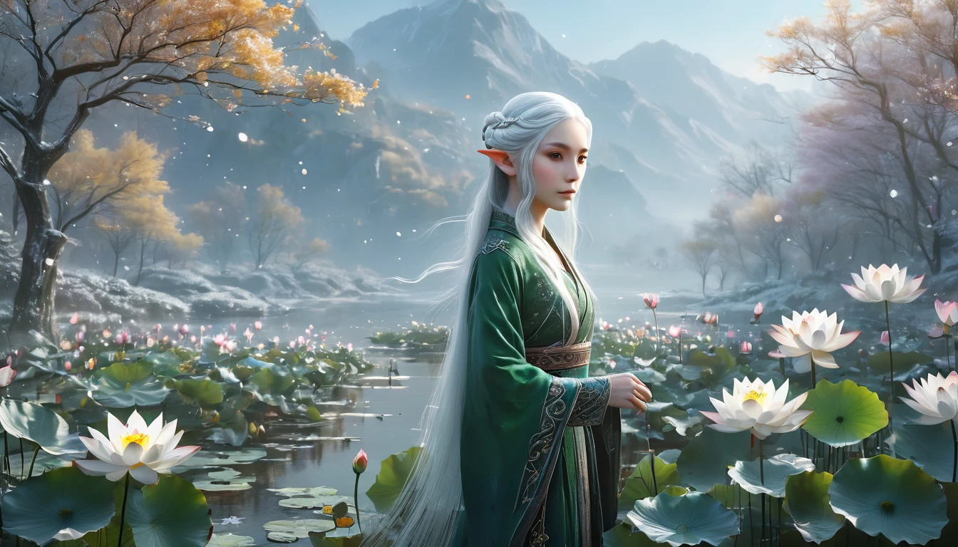 (best quality,4K,8k,High resolution,masterpiece:1.2), super detailed, (current,lifelike,lifelike:1.37),perfect job,(((Beautiful magic elf, white hair,)))。lotus,Frost,transparent。,high dynamic range,ultra high definition,Light,super beautiful painting,sharp focus,Physically based rendering,extremely detailed description,main,Vibrant colorlur background。 Art style:portrait,fantasy,magical creatures,cool color,Ethereal atmosphere。Body Light,Light lines,荧Light,Send Light example,Tracking example,闪Light,萤Light Particles,逆Light,透Light,Light Particles