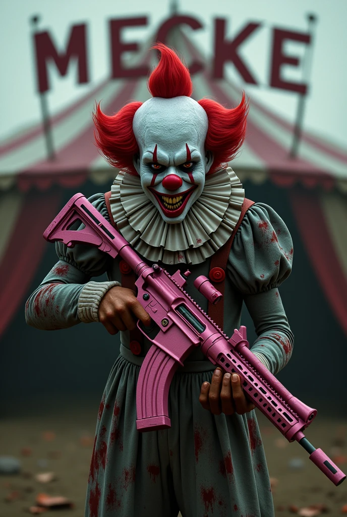 A ghoulish clown with a pink rifle and a knife in front of a circus tent and the word MECKE at the top of the image