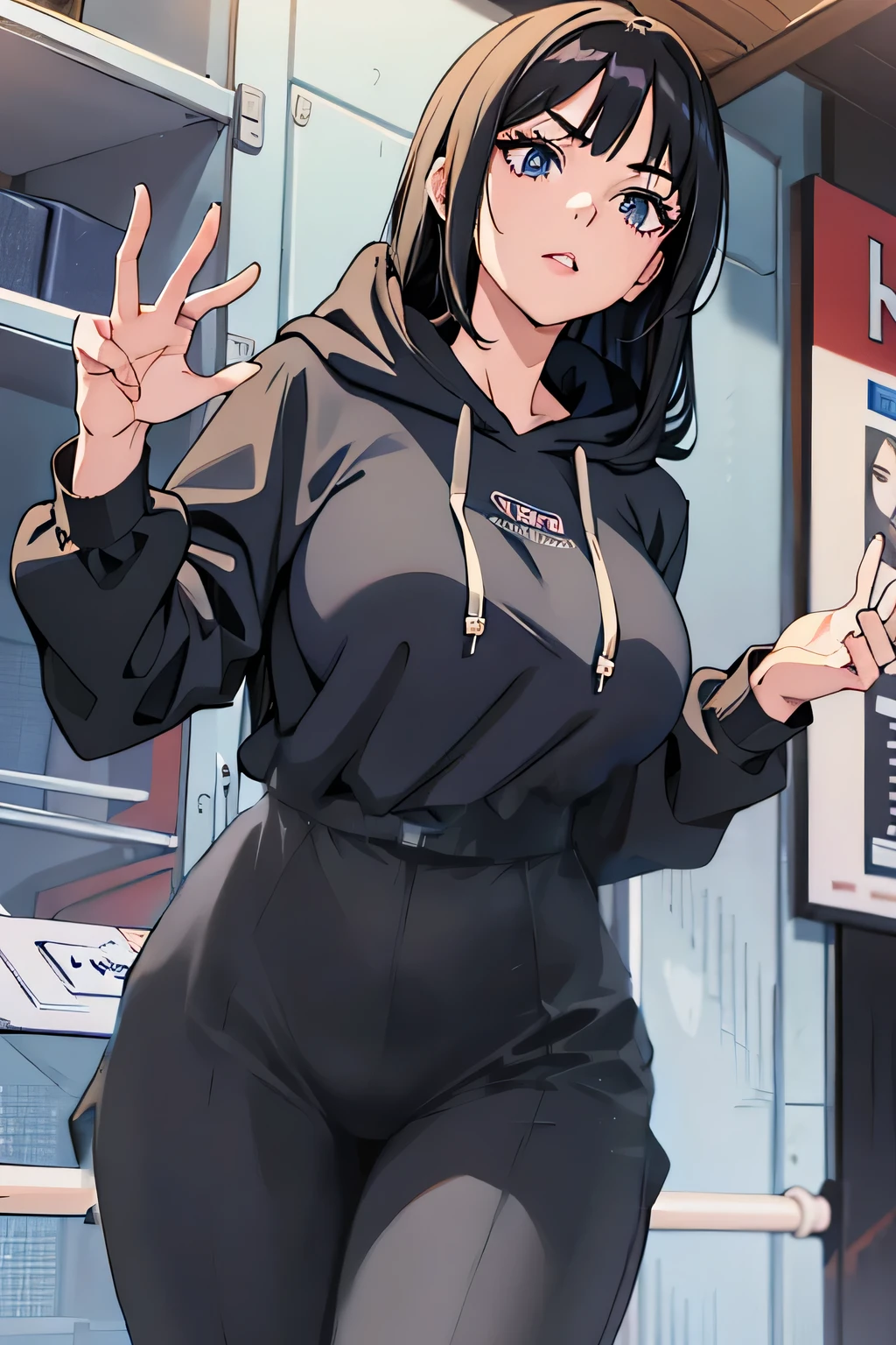 Solo girl, black hair, Super long eyelashes   very pretty and femenine , silk casual nlack hoodie, super pretty  , semi long hair black , wrestling ring background .same clothes  rounded boobs, slutty. Same pose , anime style.