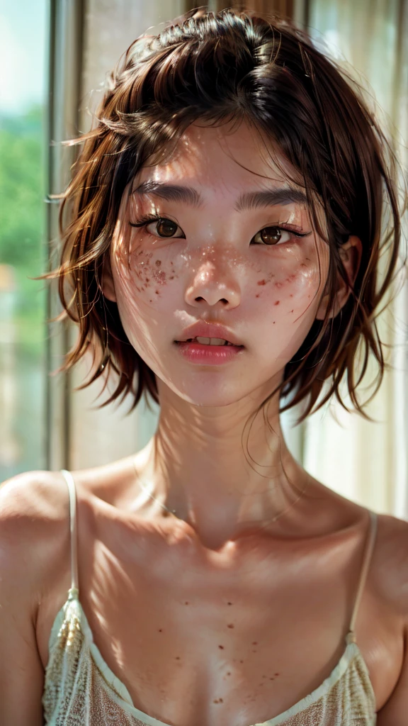 a beautiful japanese college girl with some (freckles:0.7) on her face inspired by hamada hideyaki shot by contax g1 with portra 800 film roll, ((short hair))